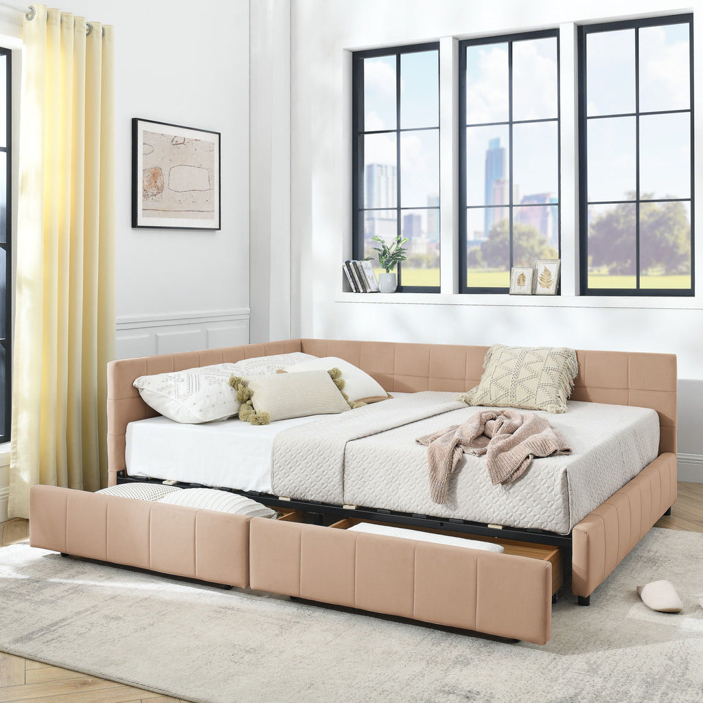 Mid-Century Storage Upholstered Tufted Bed Frame with Backrest and Armrests - Multiple Colors