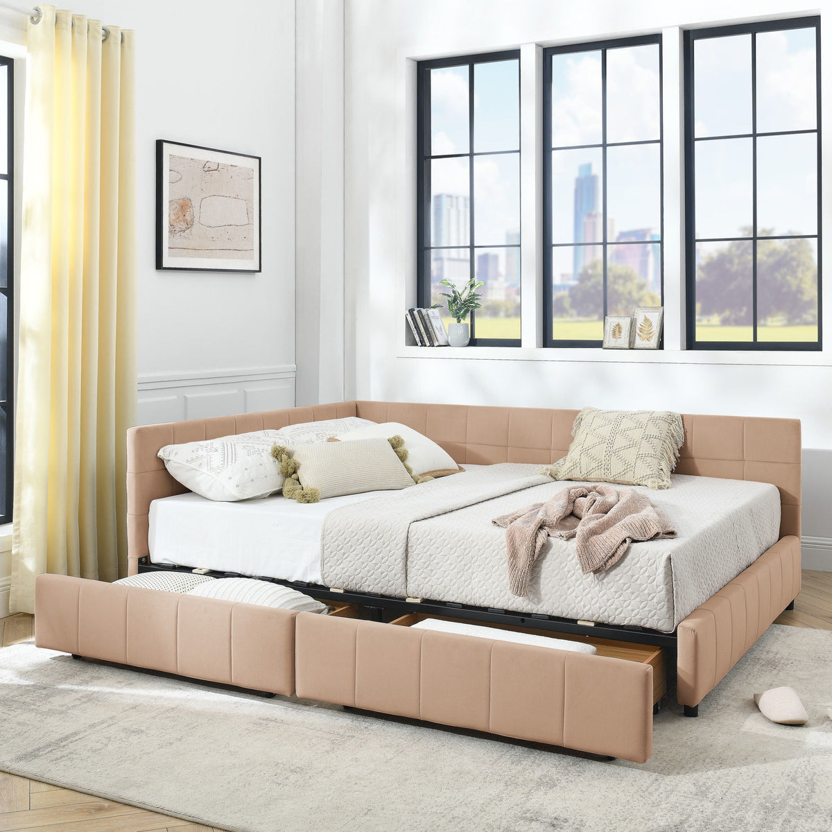 Mid-Century Storage Upholstered Tufted Bed Frame with Backrest and Armrests - Multiple Colors