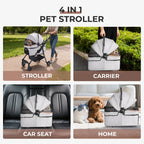Foldable 4-Wheel Pet Stroller with Adjustable Canopy - Grey