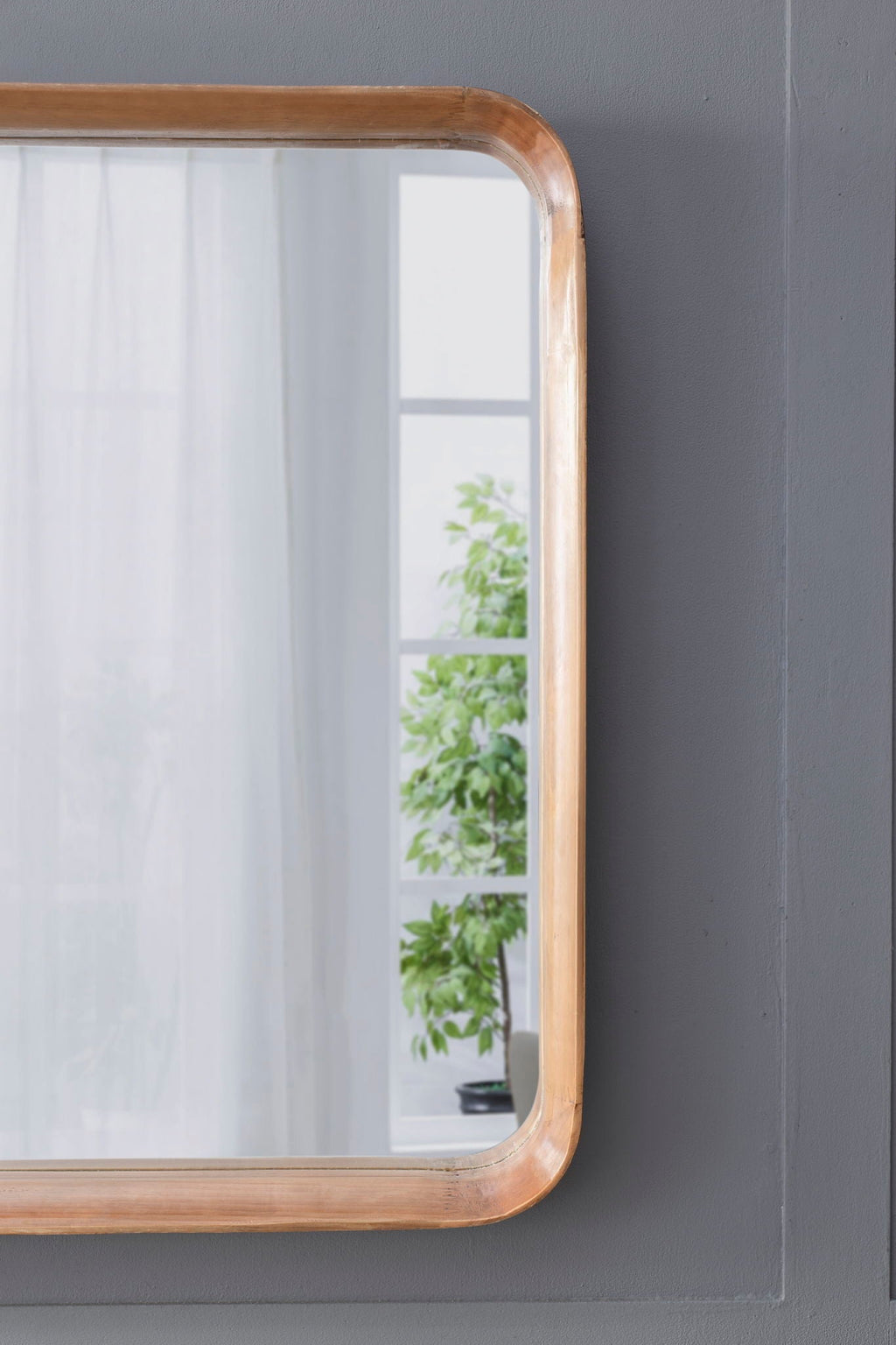 Square Mirror with Wood Frame, Minimalist Wall Mirror with Curved Edges - Brown