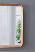 Square Mirror with Wood Frame, Minimalist Wall Mirror with Curved Edges - Brown