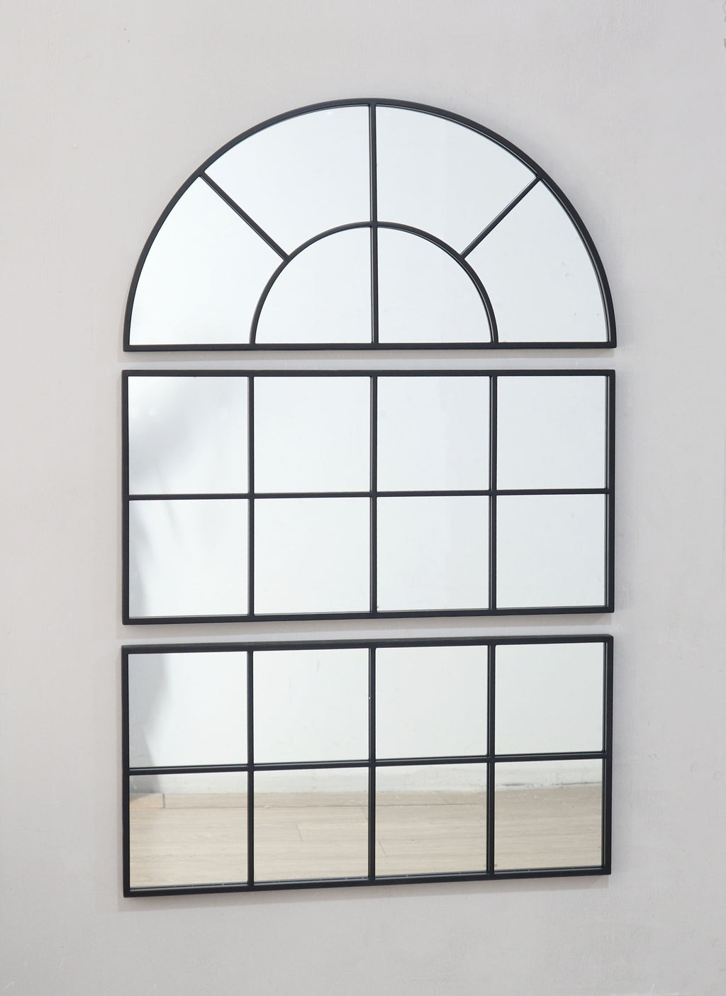 Large Arched Wall Mirror with 3 Separate Sections - Black