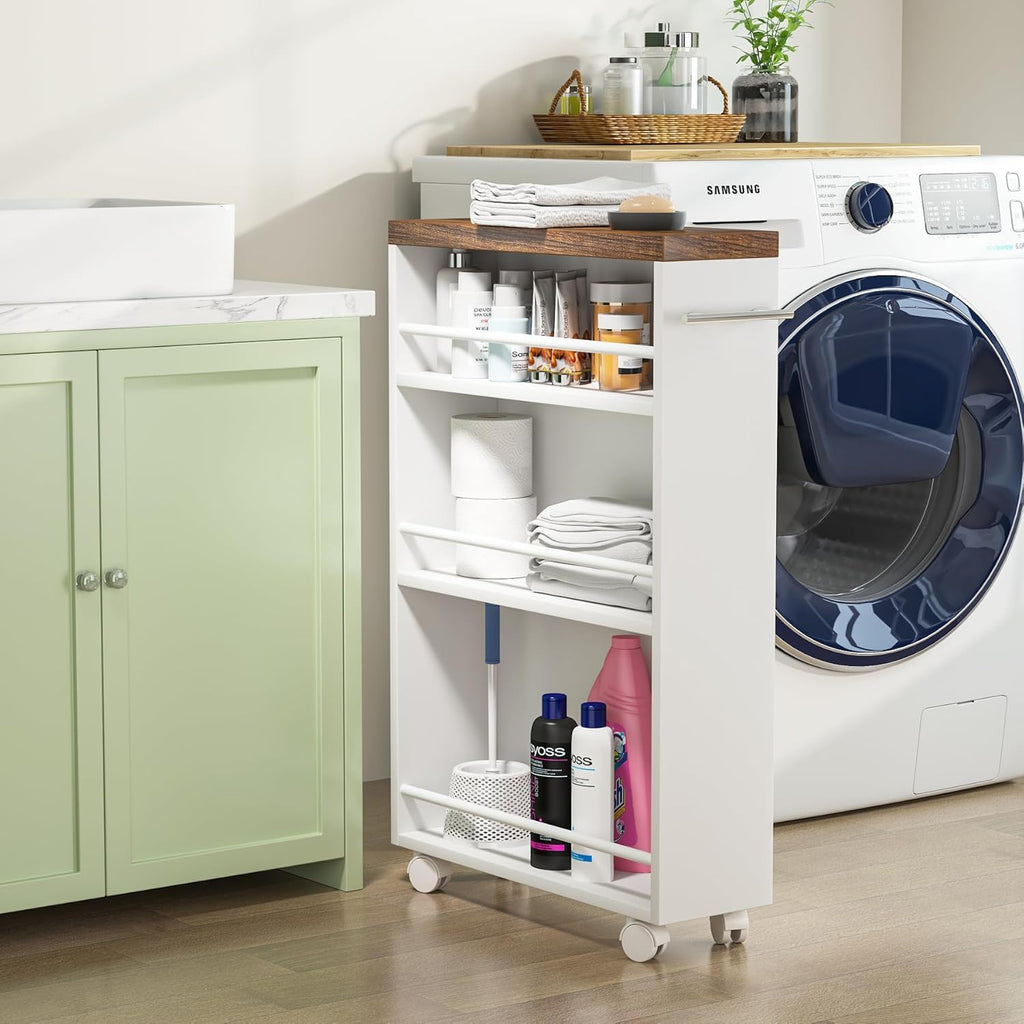 4 Tier Narrow Rolling Kitchen Slim Storage Cart with Locking Wheels – Black or White