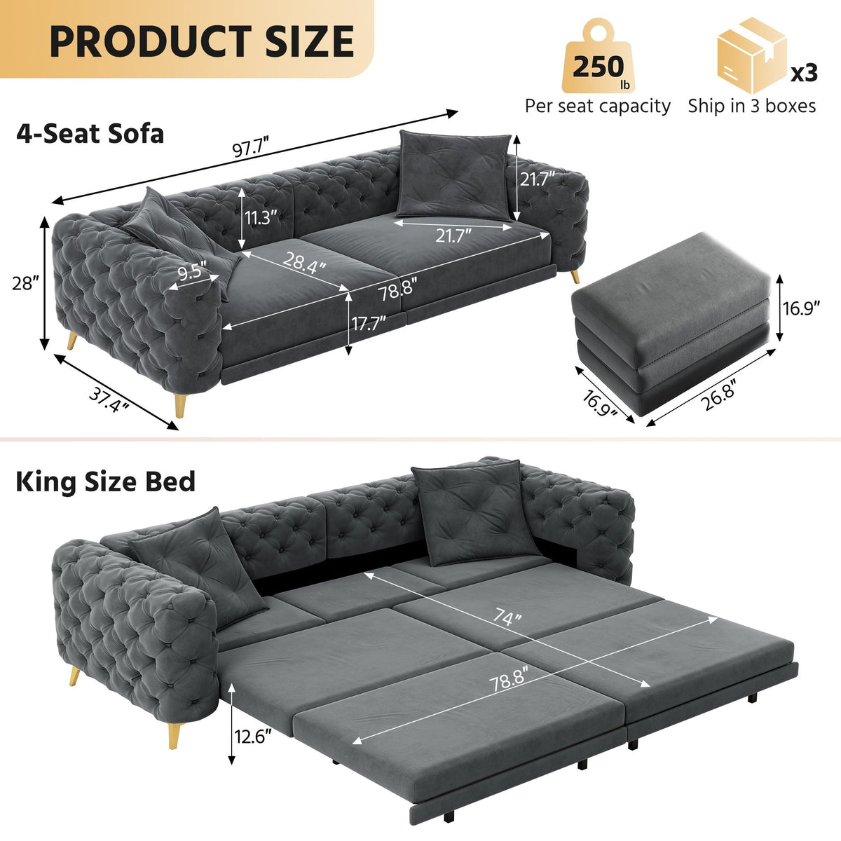 Convertible 3-in-1 Sleeper Sofa Set with Movable Ottoman - Multiple Colors
