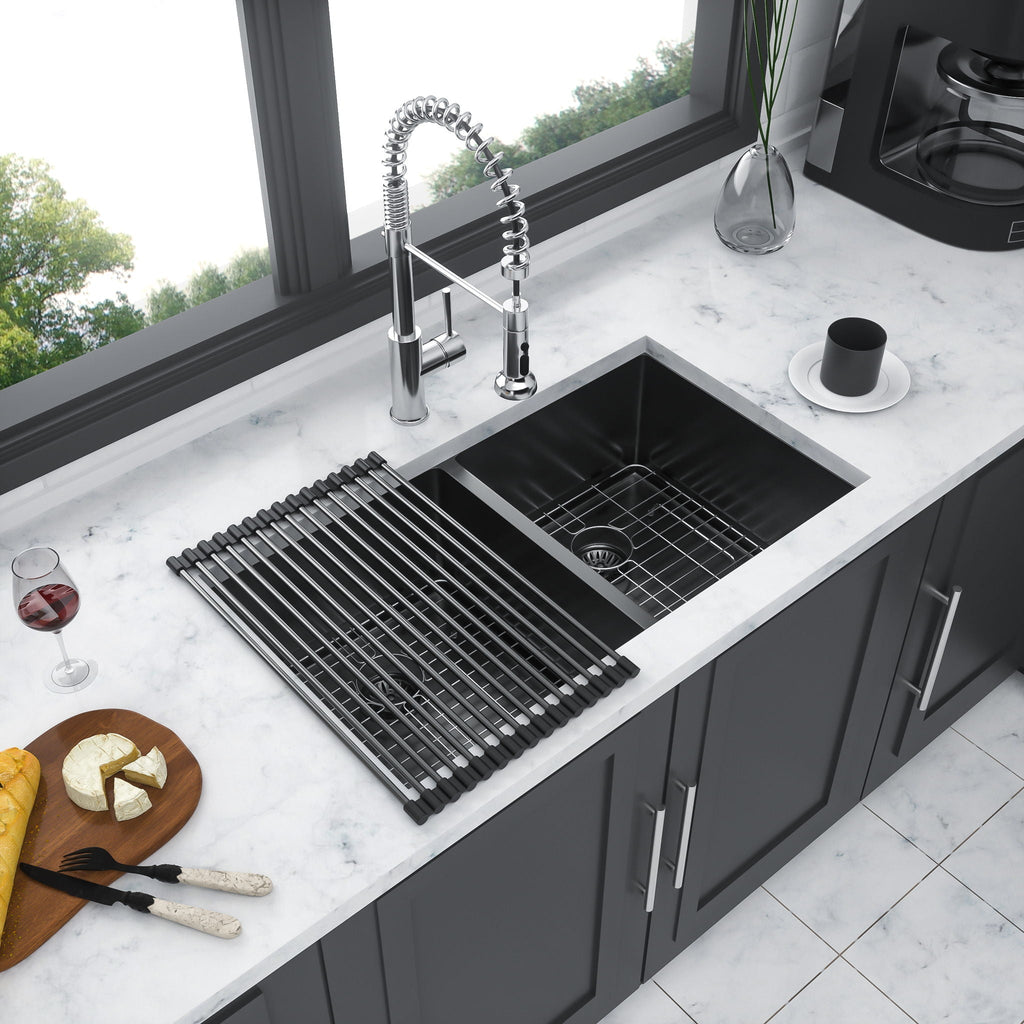 Double Bowl Undermount Kitchen Sink with Deep Dual Basins - Gunmetal Black