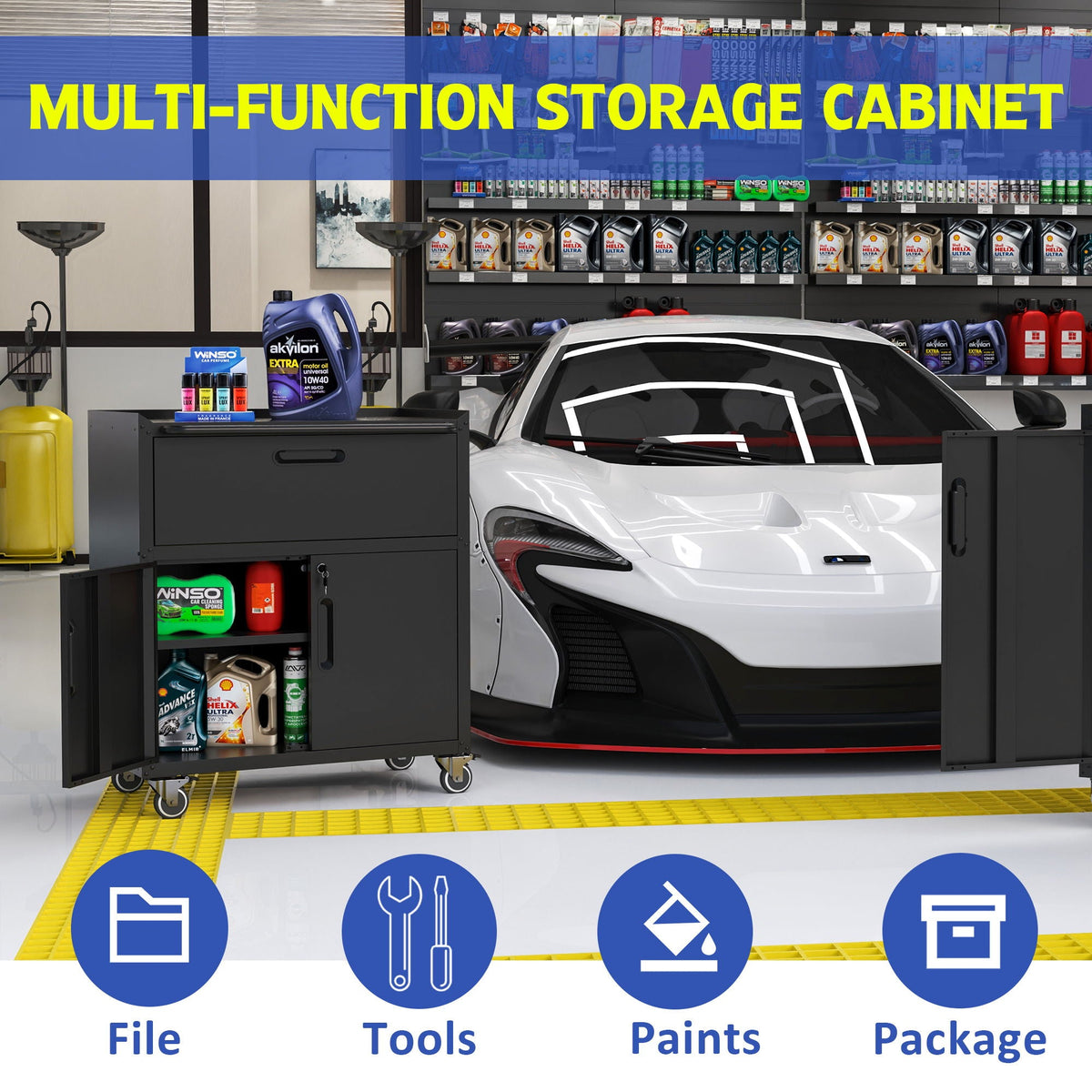 Sturdy Metal Tool Cabinet with Drawer & Locking Doors - Mobile Garage Storage