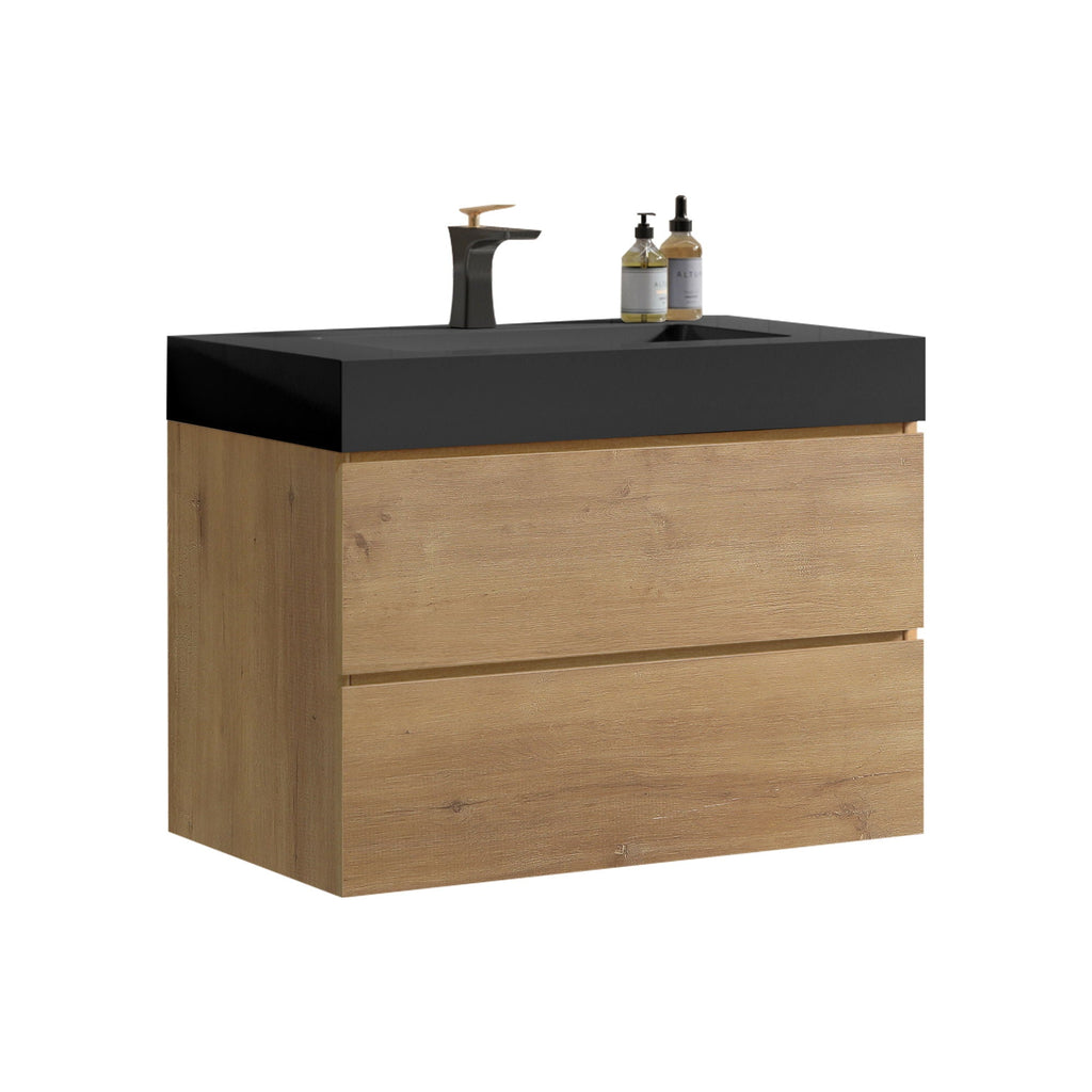 Natural Oak Bathroom Vanity with Floating Quartz Sink - Light Brown