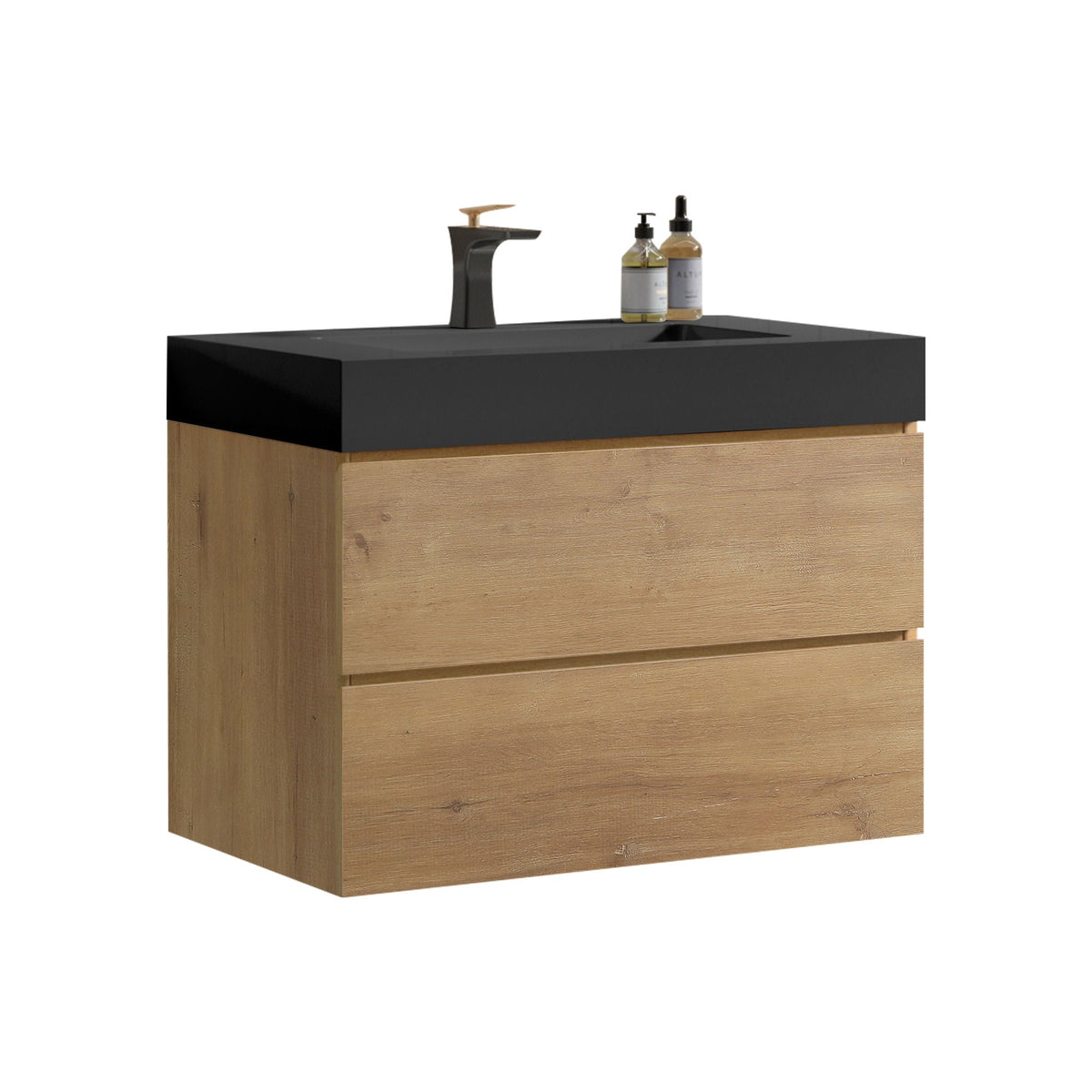 Natural Oak Bathroom Vanity with Floating Quartz Sink - Light Brown