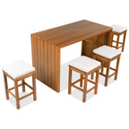 Acacia Wood 5 Piece Outdoor Bar Set with Cushioned Stools - Natural