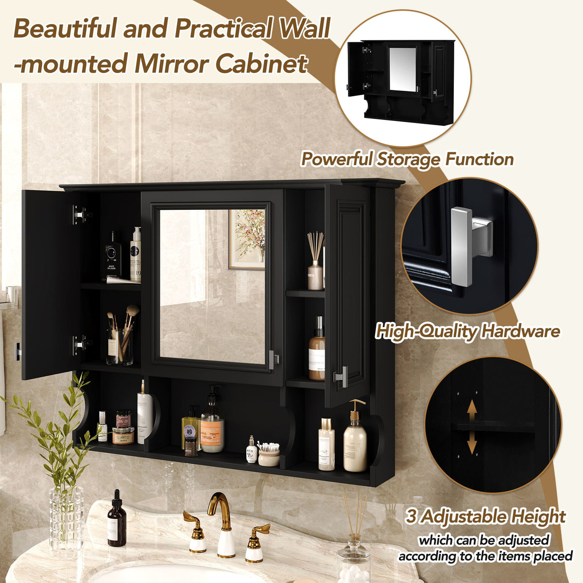 Wall Mounted Bathroom Medicine Cabinet With Mirror & Open Shelves