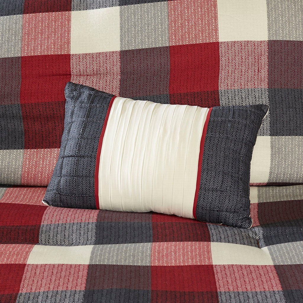 Red Herringbone King Comforter Set with Buffalo Plaid Pattern - 7 Piece