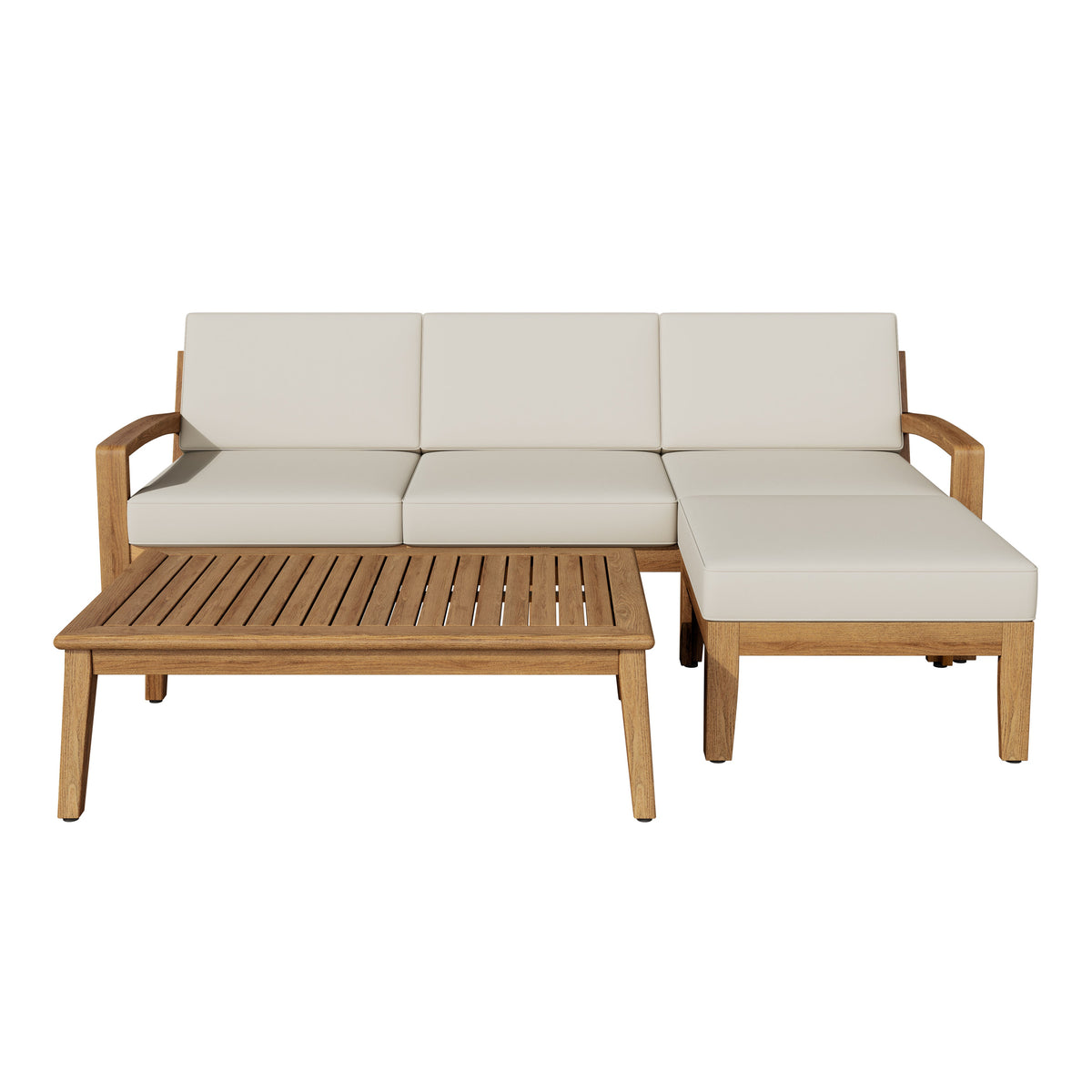 L Shape 3-Piece Acacia Wood Patio Sofa Set with Waterproof Cushions - Natural Finish