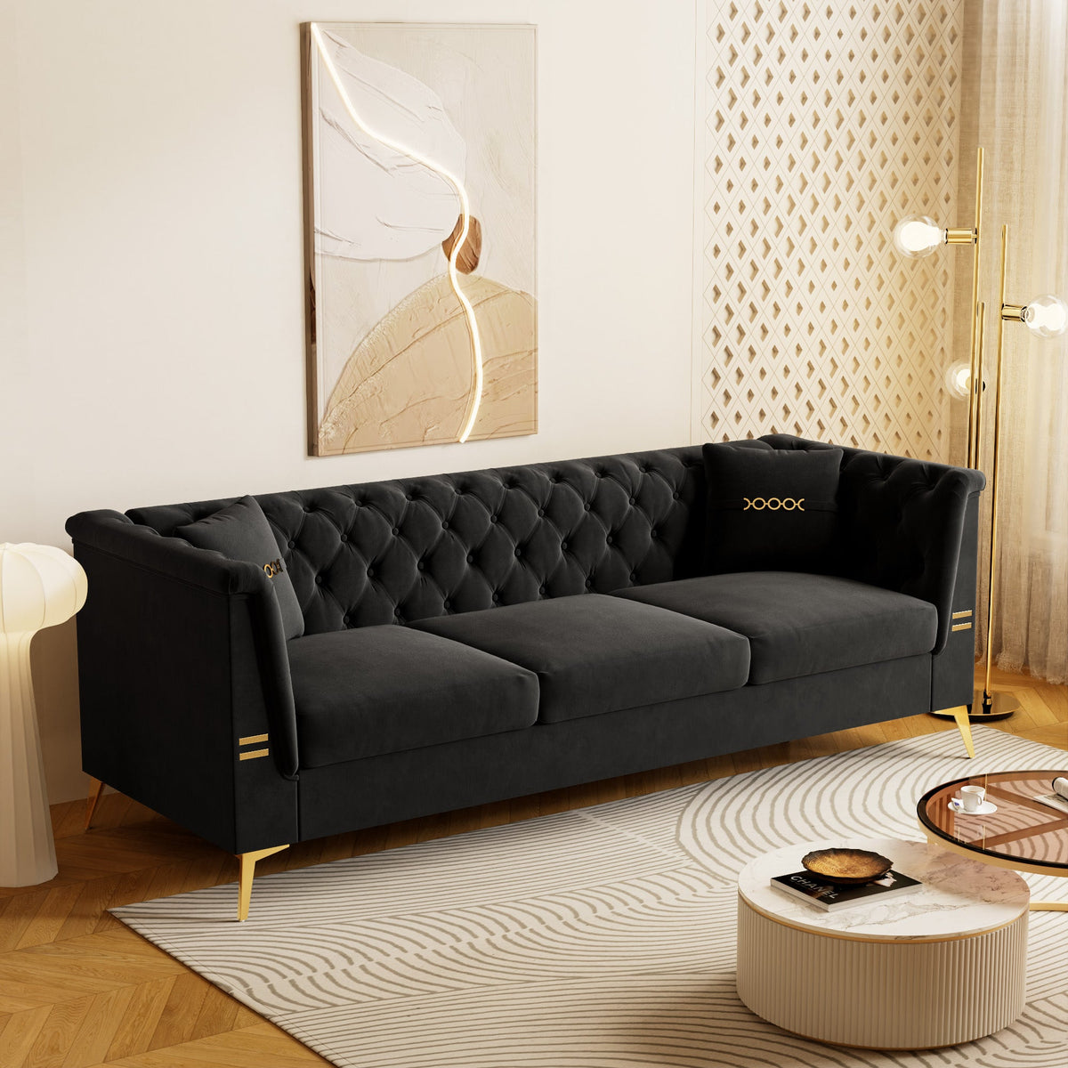 Contemporary Faux Sherpa Sofa with Gold Accents and 2 Pillows - White