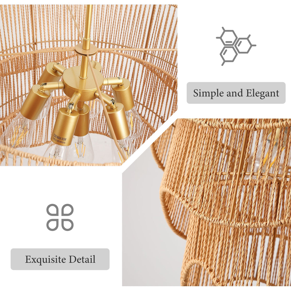 Handwoven Paper Rattan Boho Chandelier with 7-Light E26 Base - Natural