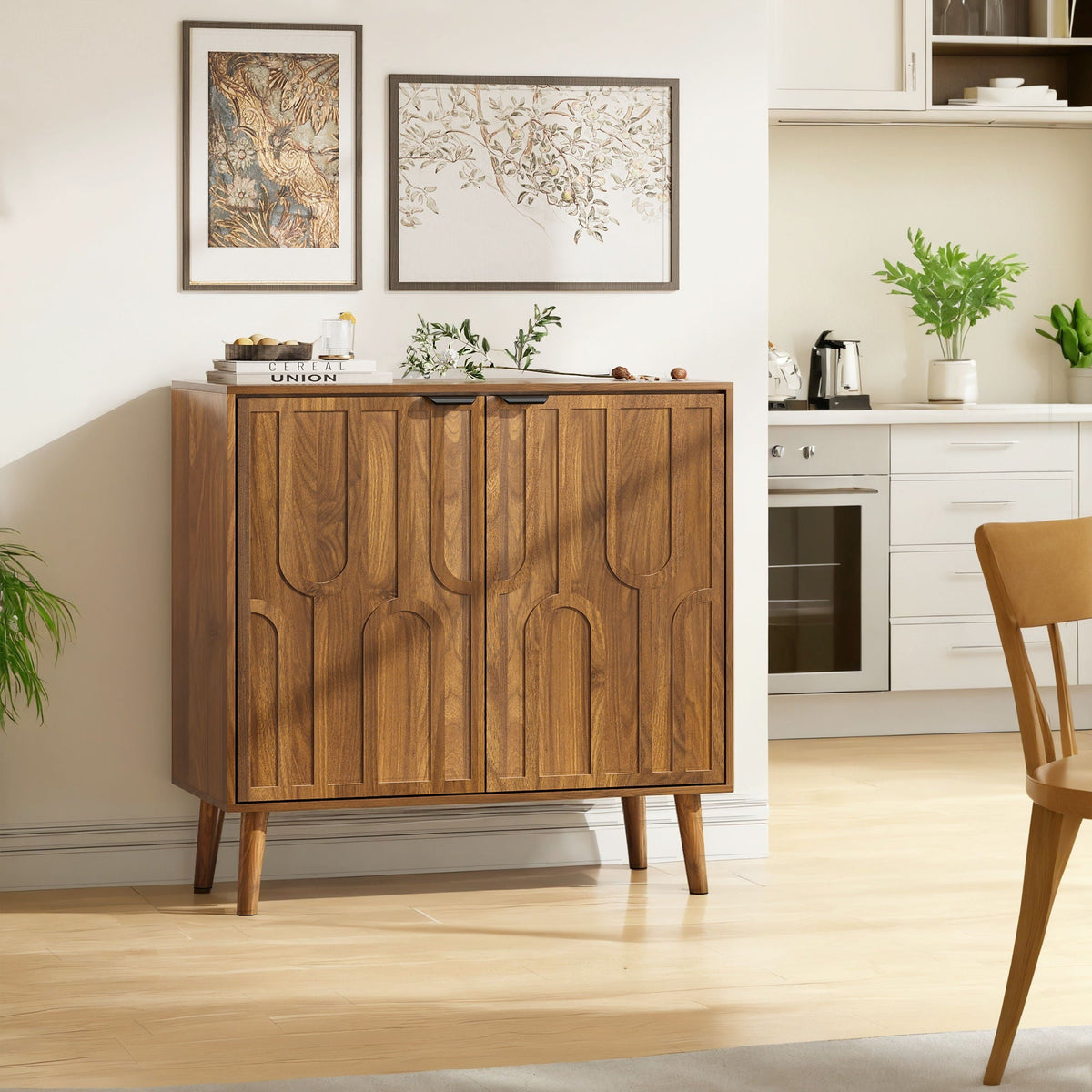 Farmhouse Style Sideboard Buffet Cabinet with Slatted Doors - Walnut