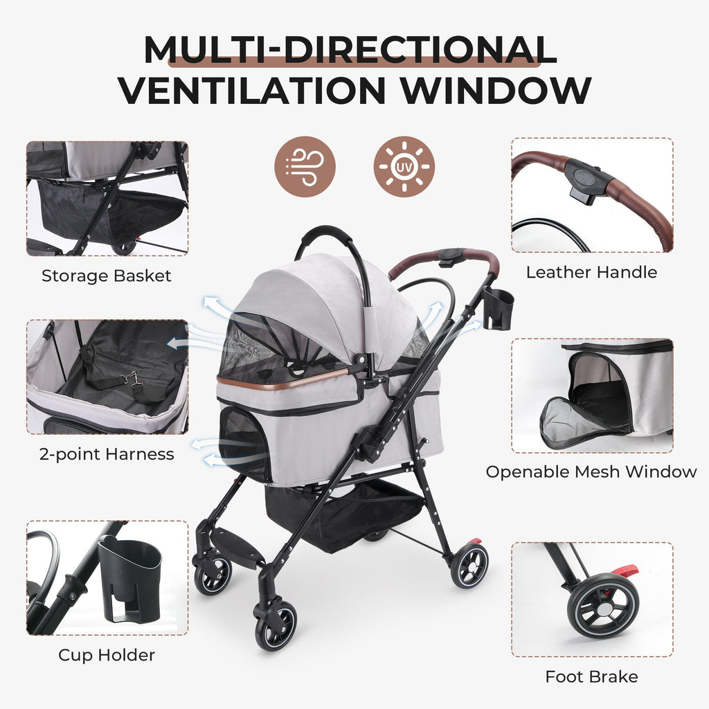 Foldable 4-Wheel Pet Stroller with Adjustable Canopy - Grey