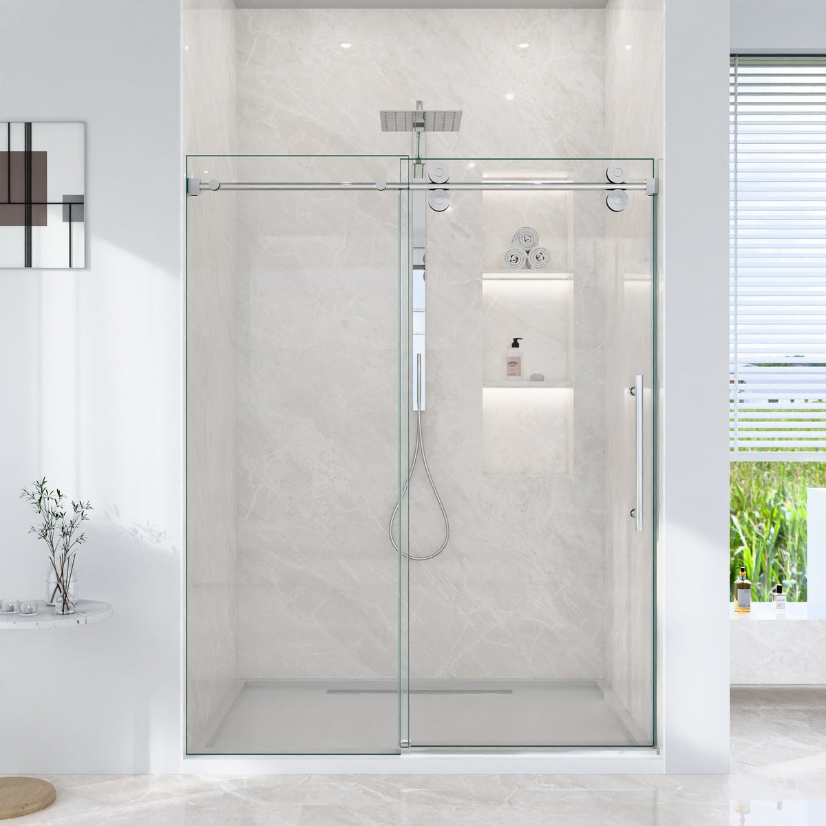 Frameless Single Sliding Shower Door with Stainless Steel Rollers - Chrome