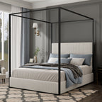 Canopy Bed With Tall Upholstered Headboard and Four Poster - White