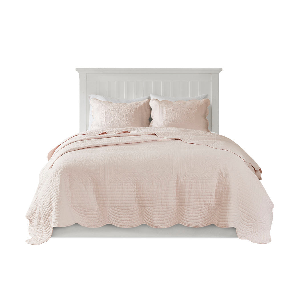 Reversible Scalloped Edge Quilt Set with Lightweight Microfiber - Blush