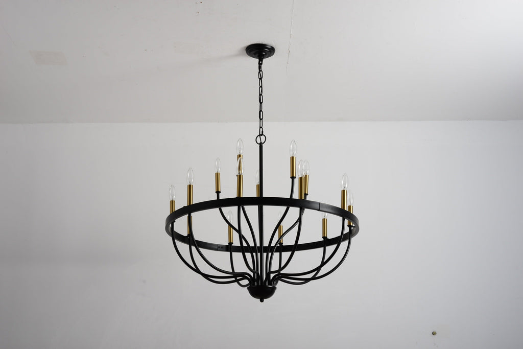 18-Light Industrial Iron Candle Chandelier with Adjustable Height - Gold & Black
