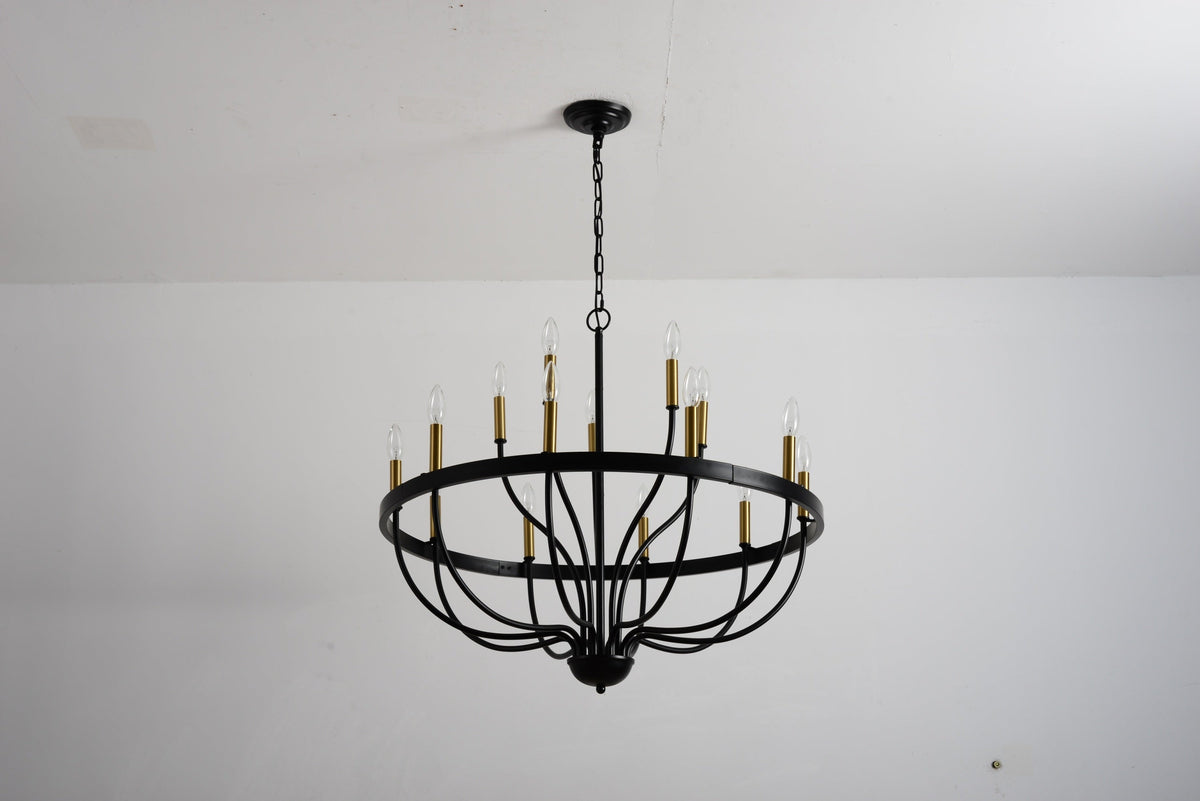 18-Light Industrial Iron Candle Chandelier with Adjustable Height - Gold & Black