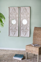 Large Wooden Wall Art Panels with Distressed Round Mirror Accents - White