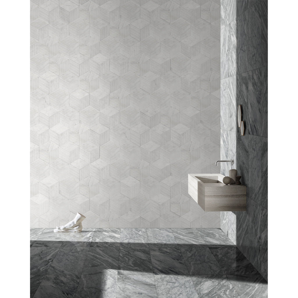 Hexagon Natural Stone Marble Decorative Tile Set with 3D Fluted Texture - Gray or White