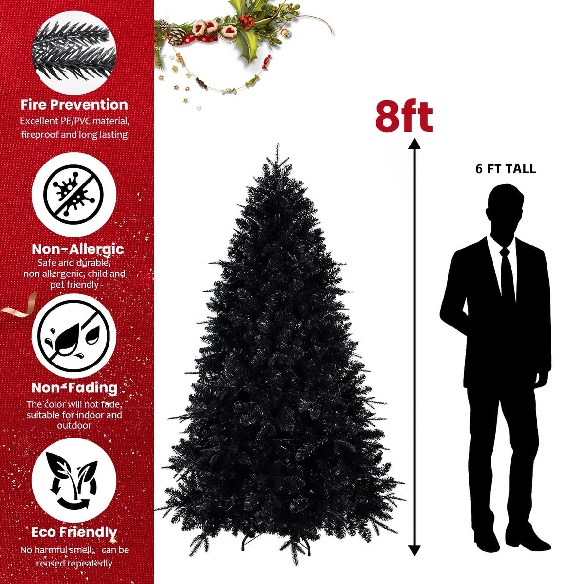 6-Foot Pre-Lit Black Christmas Tree with 350 LED Lights - Black