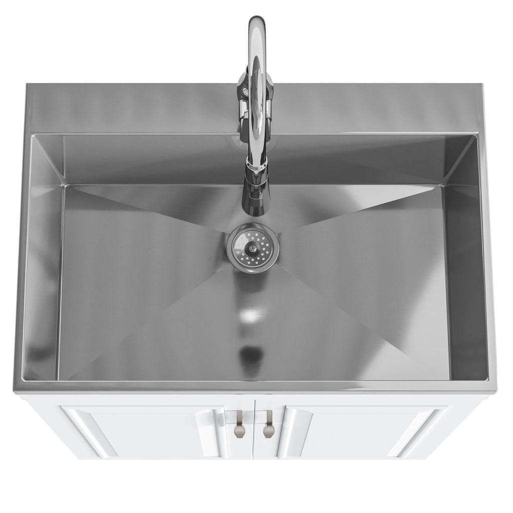 Deluxe Laundry Cabinet with Pull-Out Faucet and Stainless Steel Sink - White