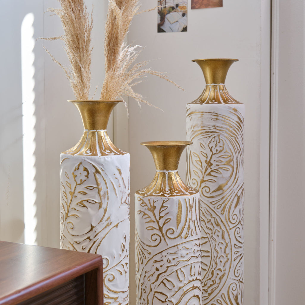 White / Gold Metal Floor Vases Set of 3 with Durable Modern Design