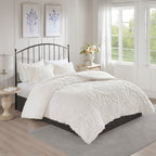 Tufted Cotton Chenille Damask Comforter Set with Shams - Off White