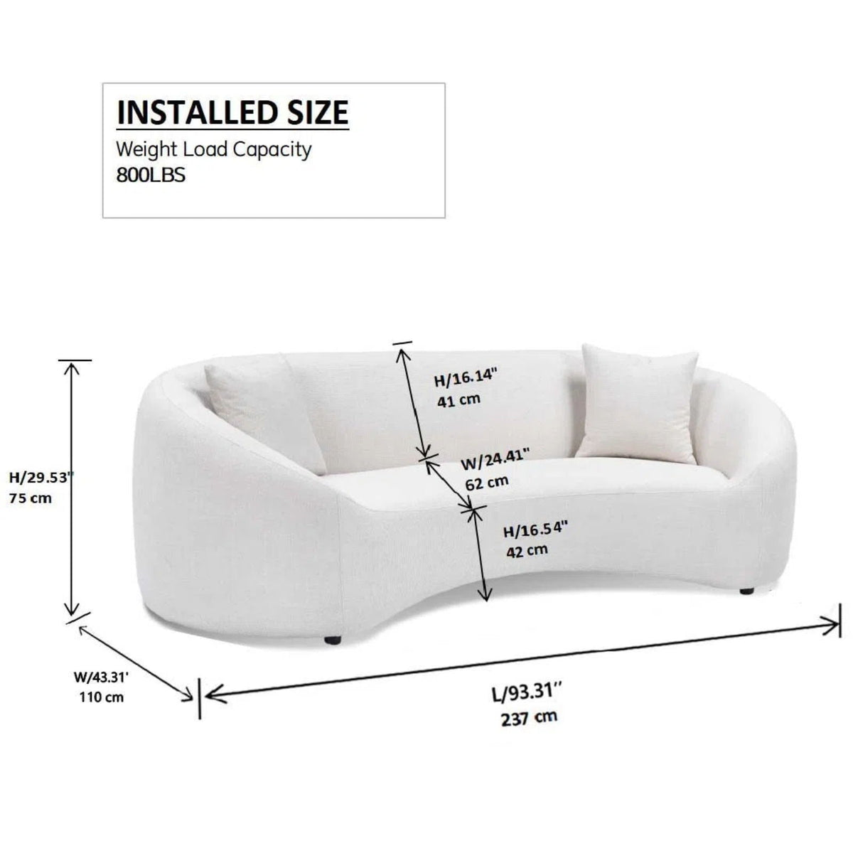 Curved 3 Seater Sofa for Living Room with Deep Seating - White