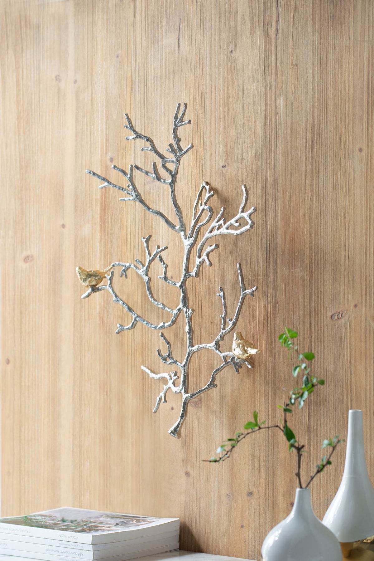 Metal Branch Wall Sculptures with Bird Accents - Silver Multi