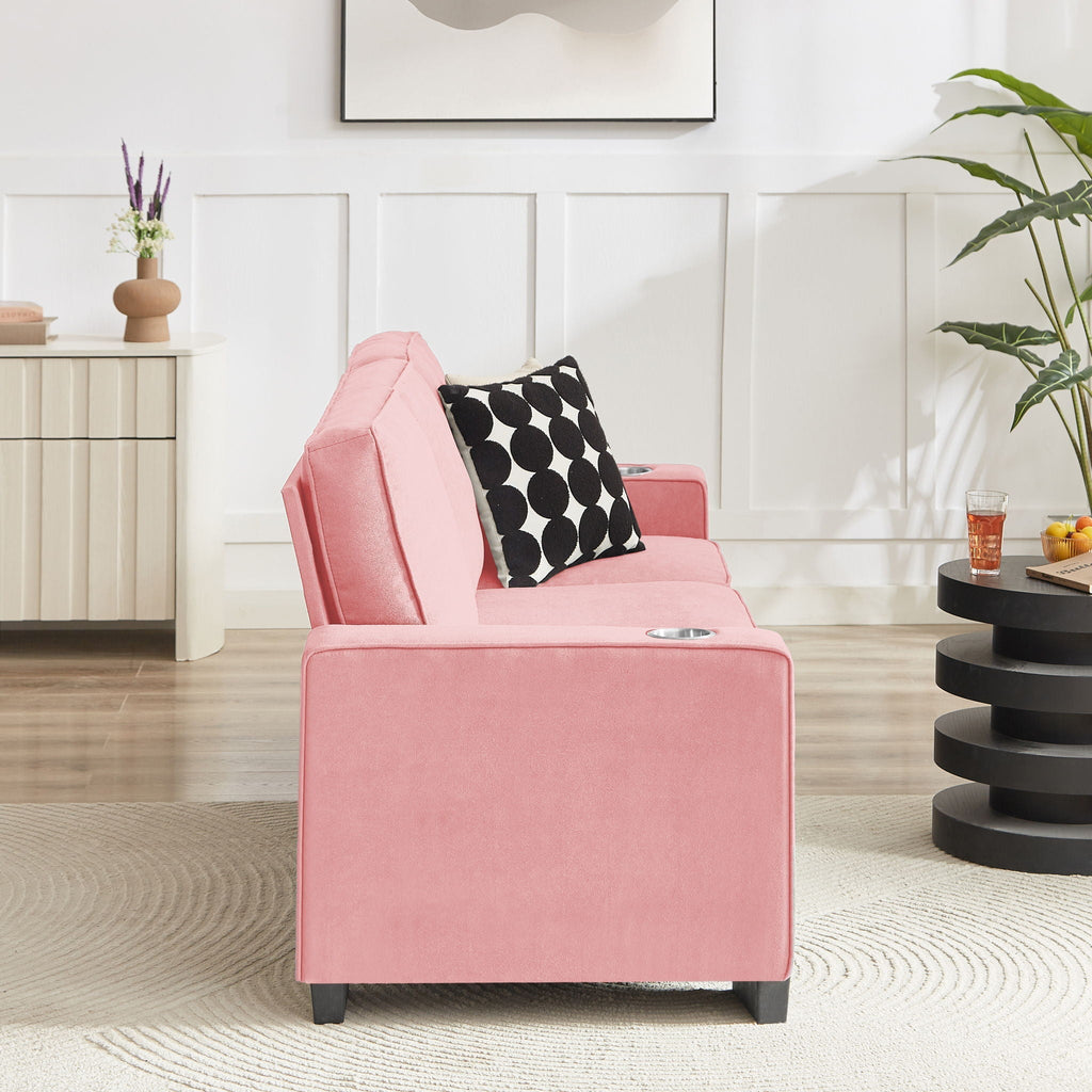 Modern Snowfleece Fabric 3 Seater Sofa with Cup Holder – Pink