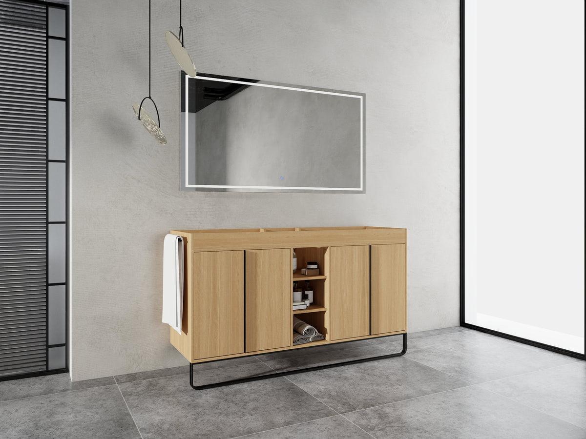 60-Inch Freestanding Bathroom Cabinet with Soft Close Doors & Open Storage - Oak