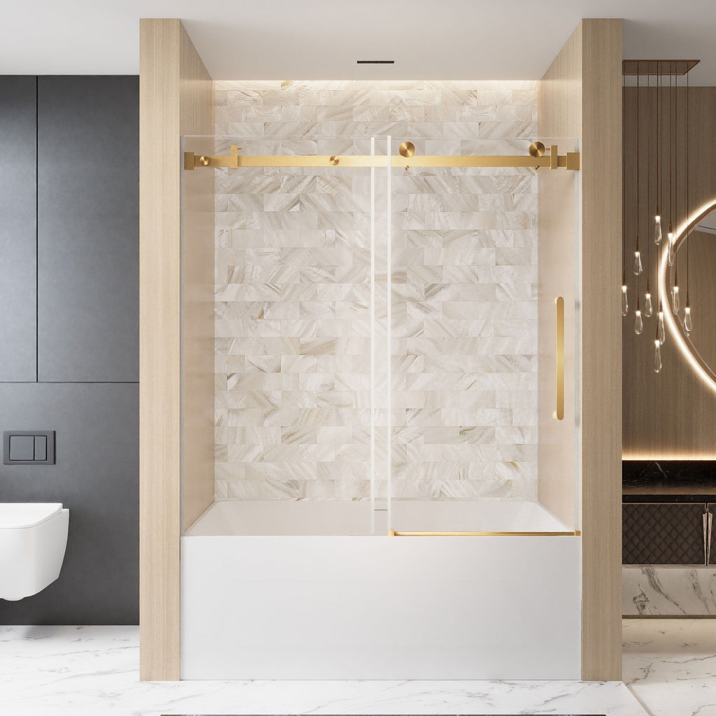 Frameless Single Sliding Shower Door with Handle and Square Tube Track - Gold