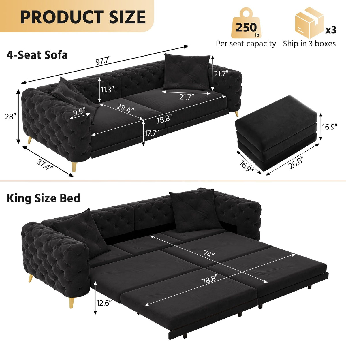 Convertible 3-in-1 Sleeper Sofa Set with Movable Ottoman - Multiple Colors