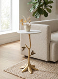 Leafy Branch Side Table with Marble Top - Gold Finish