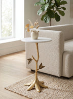 Leafy Branch Side Table with Marble Top - Gold Finish