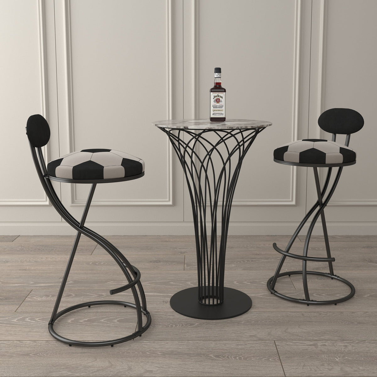 Upholstered S-shaped Barstools Set of 2 with Velvet Football Print - Black