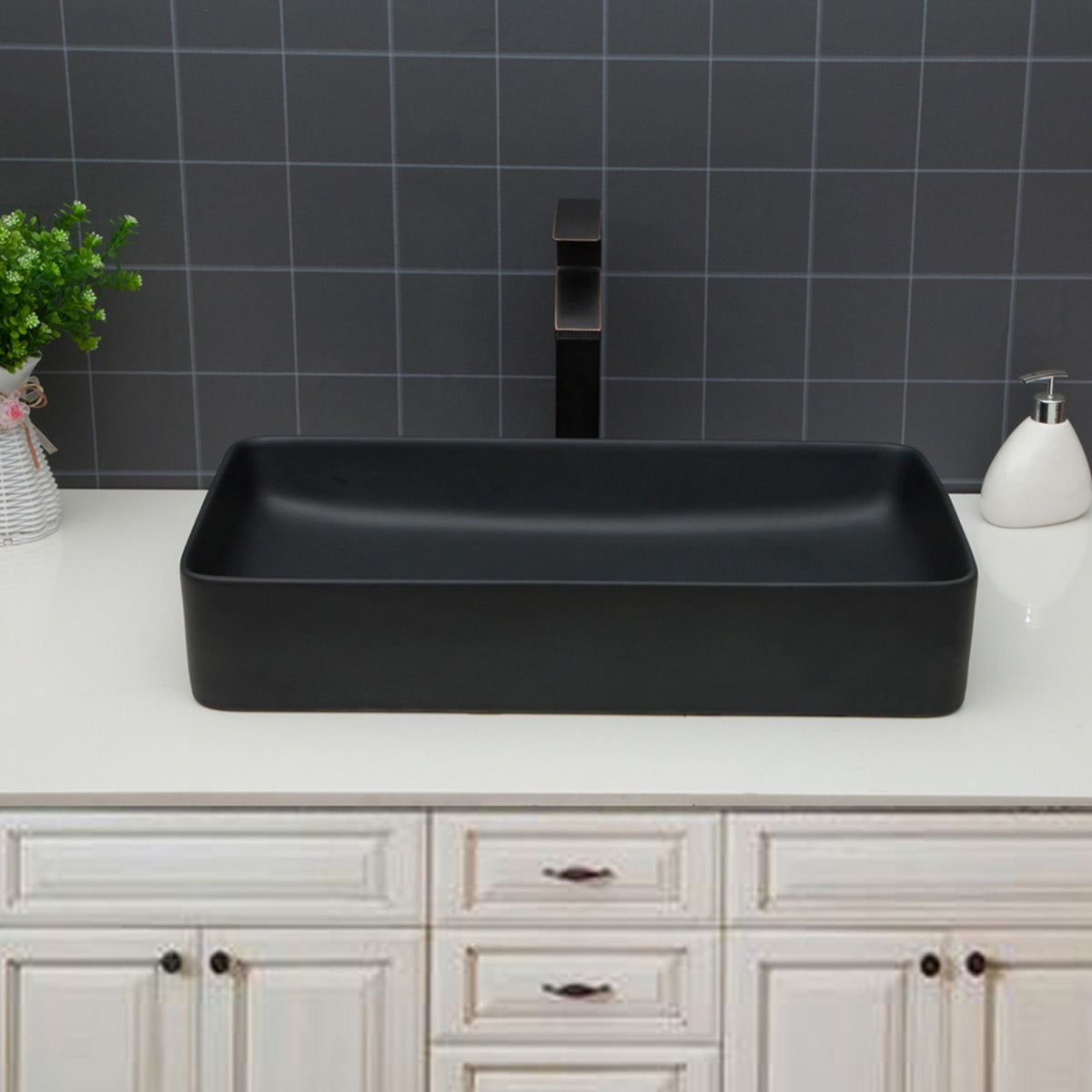 Modern Ceramic Rectangular Bathroom Vessel Sink with European Design - White or Black