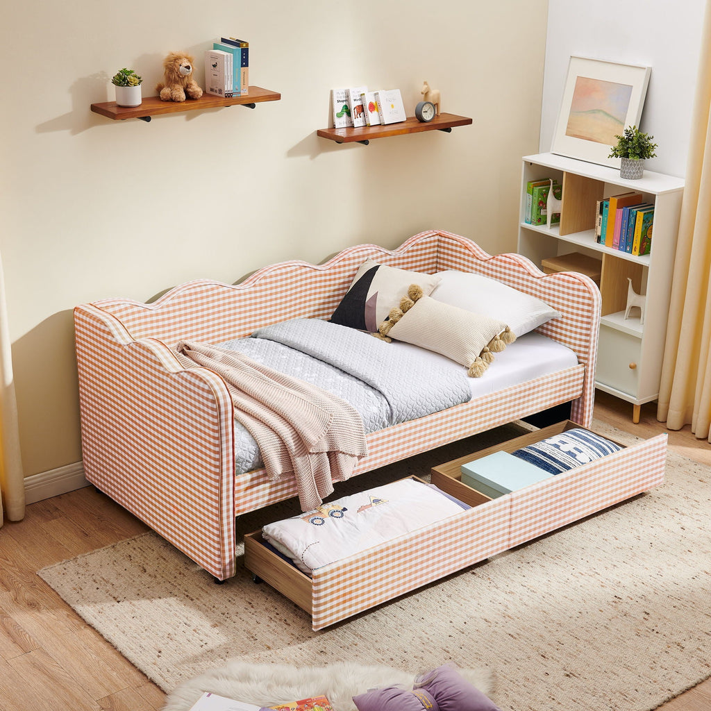 Gingham Daybed with USB Charging Port and Wave-Shaped Design - Multiple Colors