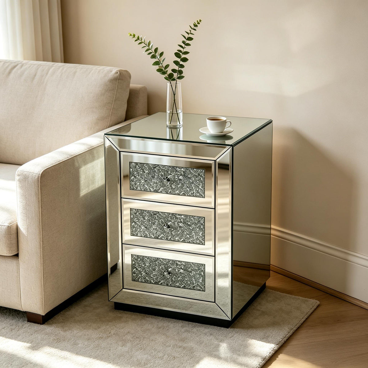 3 Drawer Nightstand with Glass Accents - Silver