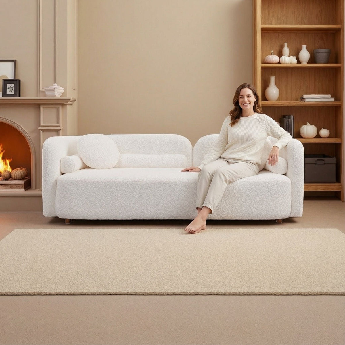 Luxury Modern Couch, 3 Seater Sofa with Throw Pillows - White