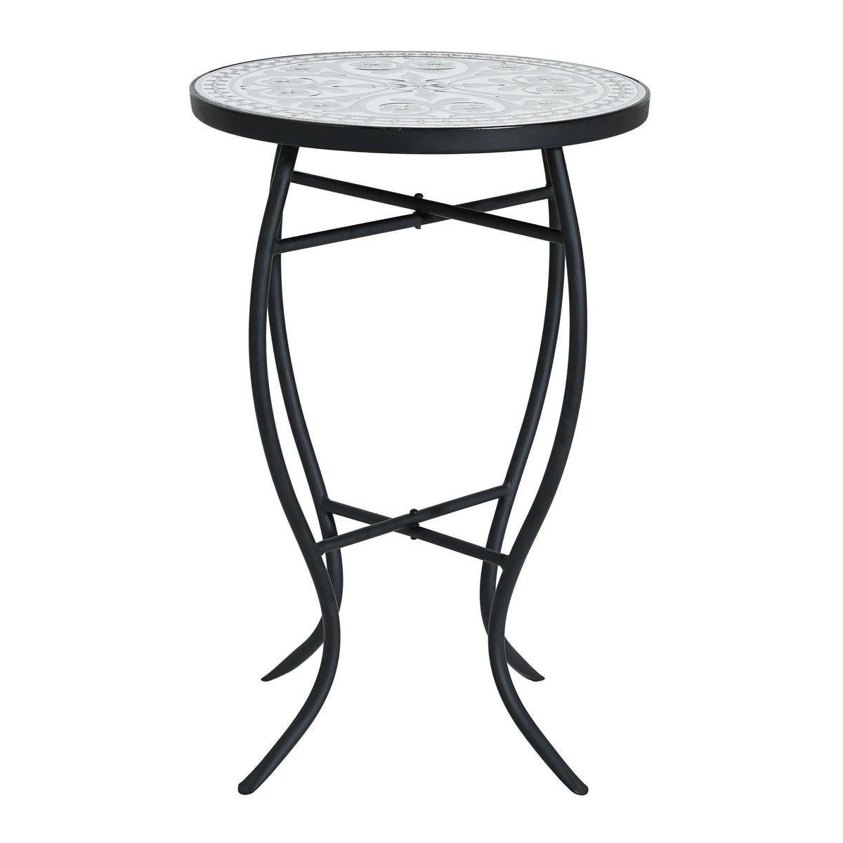Outdoor Round Side Table With Mosaic Style Top And Curved Iron Legs