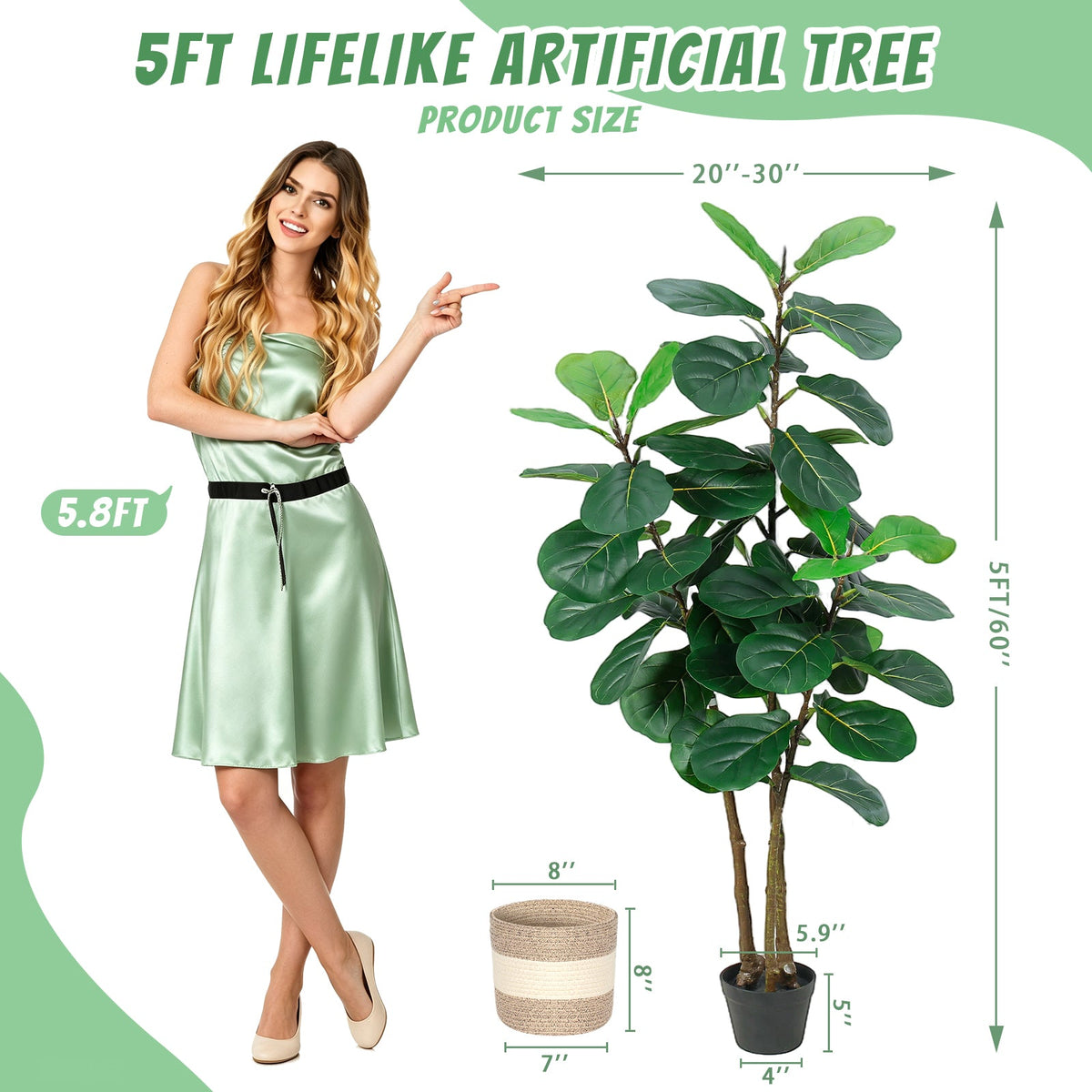 Artificial Fiddle Leaf Fig Tree 5FT with Planter - Green