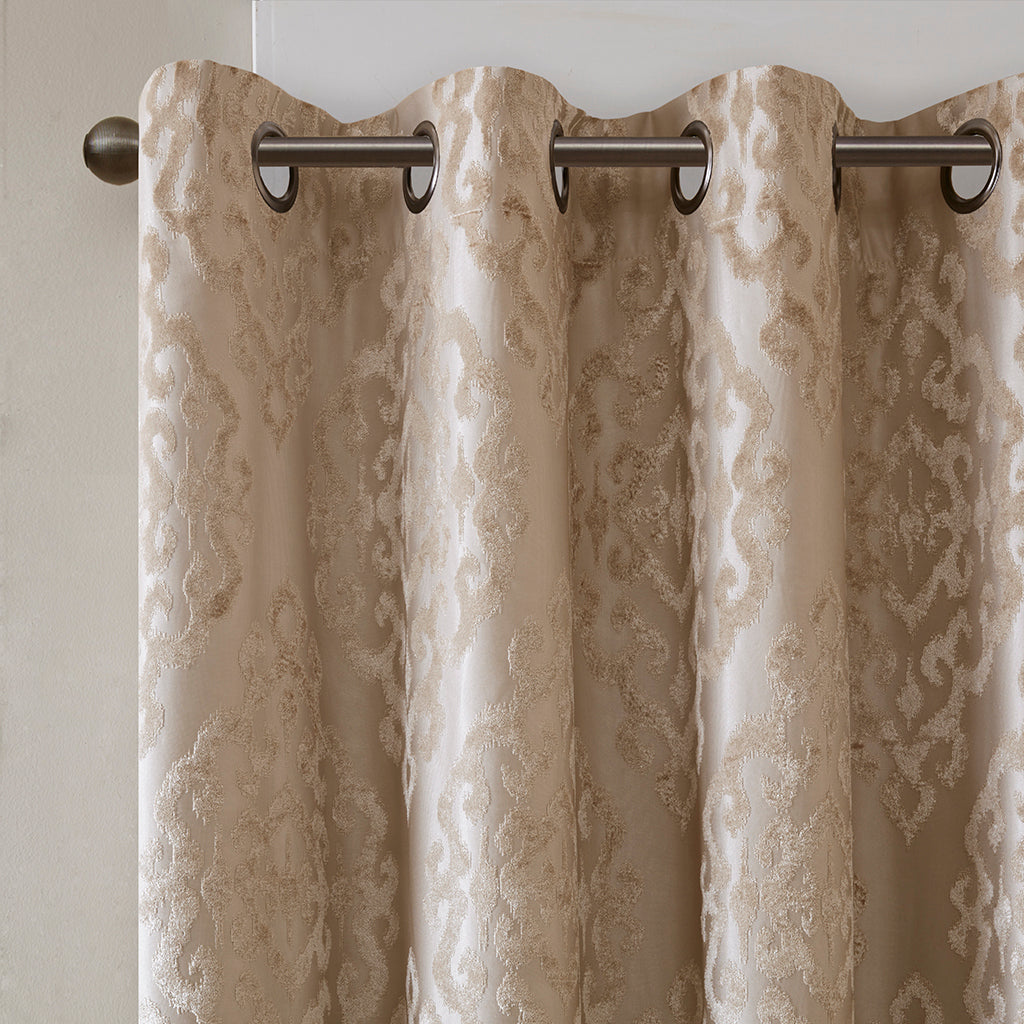 Knitted Jacquard Damask Total Blackout Grommet Top Curtain Panel - Champagne