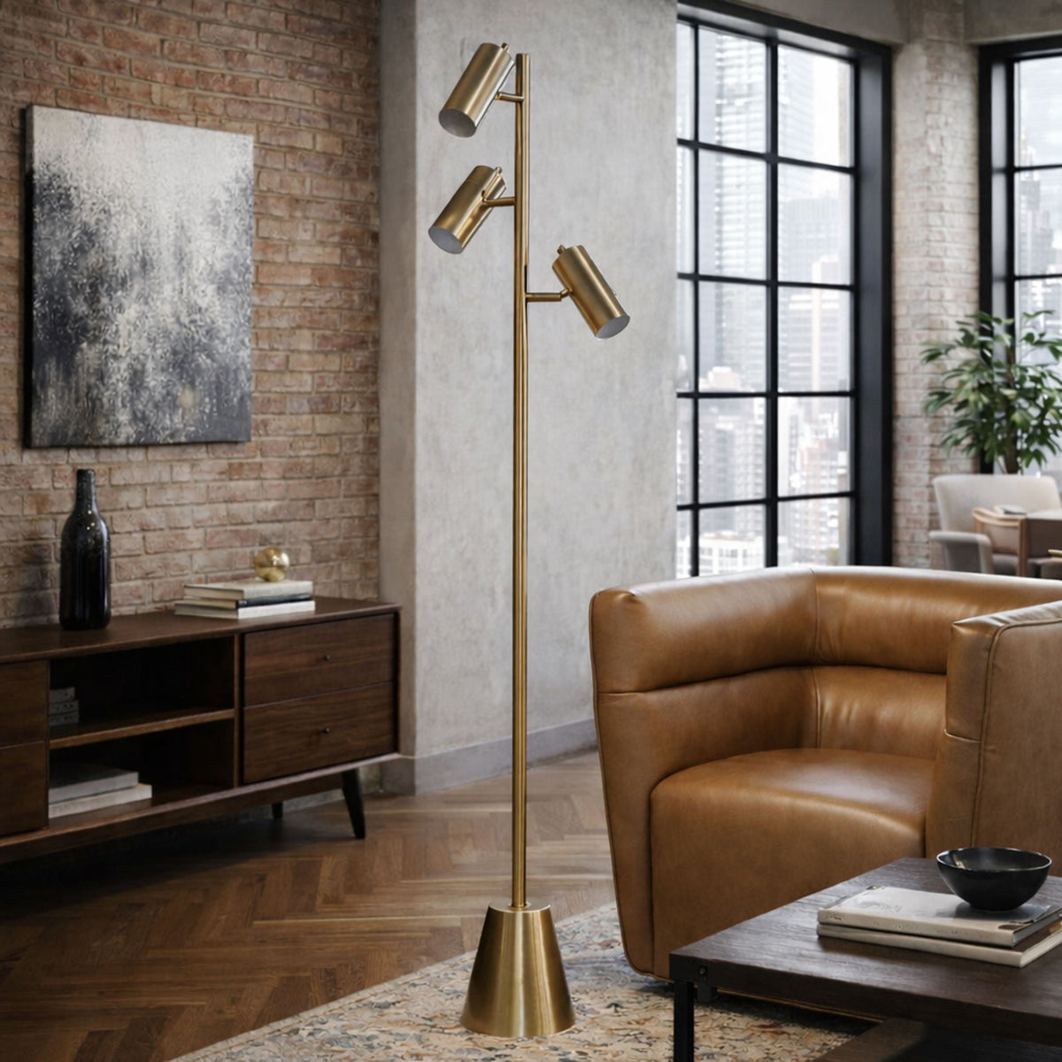 Lumina Floor Lamp With Rotary Switch Triple Spots Cone Base - Gold