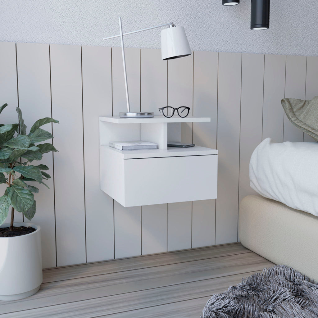 Compact Floating Nightstand with 1 Drawer - White