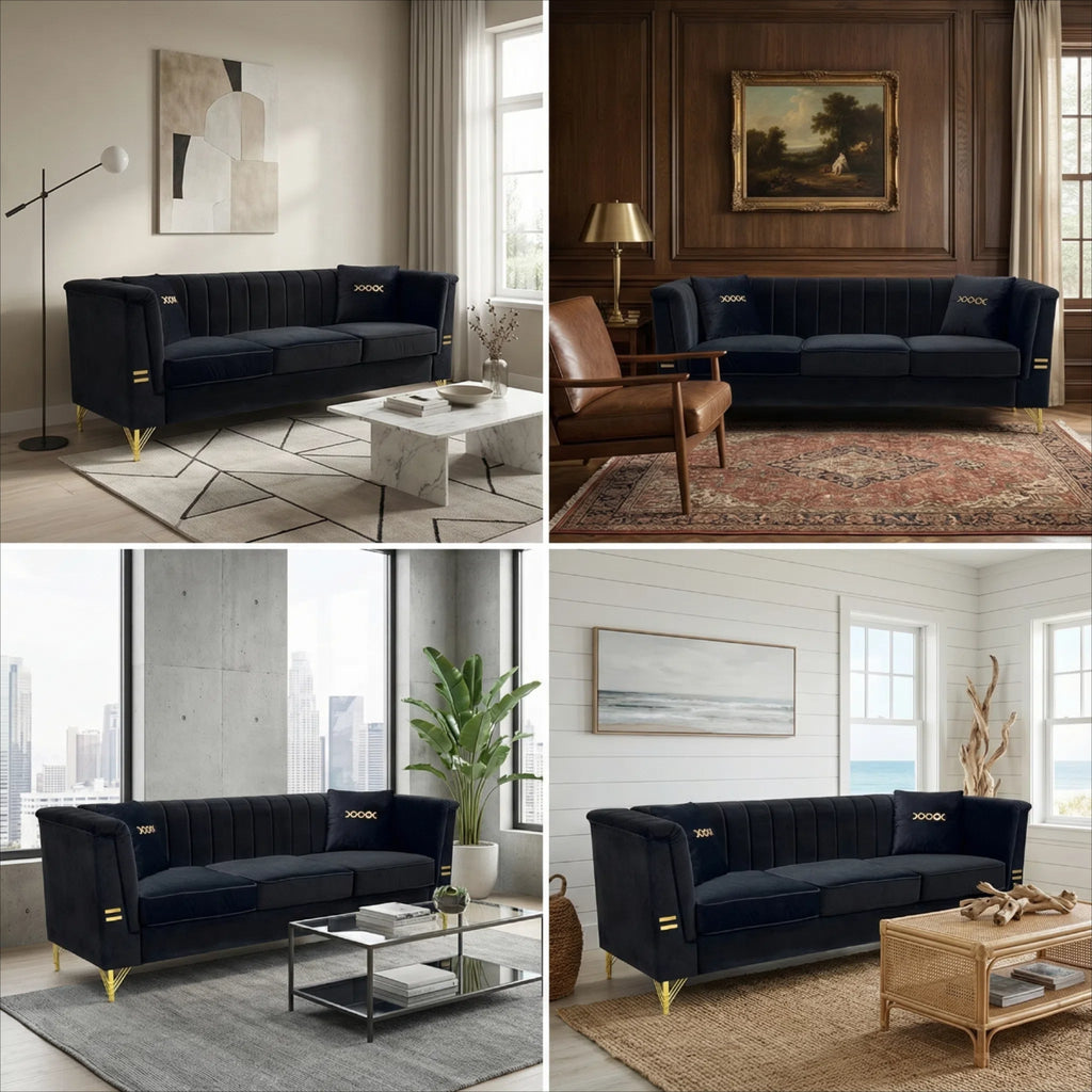 Mosharong-55 Velvet 3-Seater Sofa with Channel Tufting - Gray